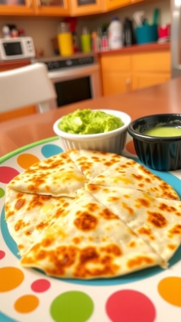 Cheesy quesadilla cut into triangles on a plate with mashed avocado, suitable for a baby.